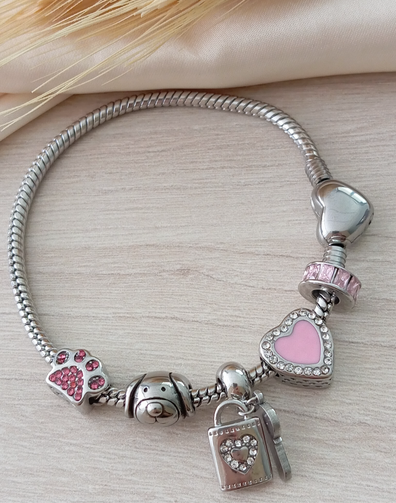 Stainless steel snake chain bracelet with heart 12018 ( Bracelet only (charms not included).