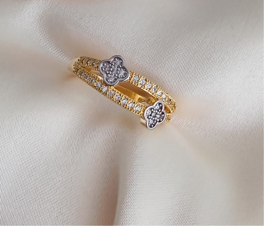 Double Band Ring with Pavé Setting and Two Flowers