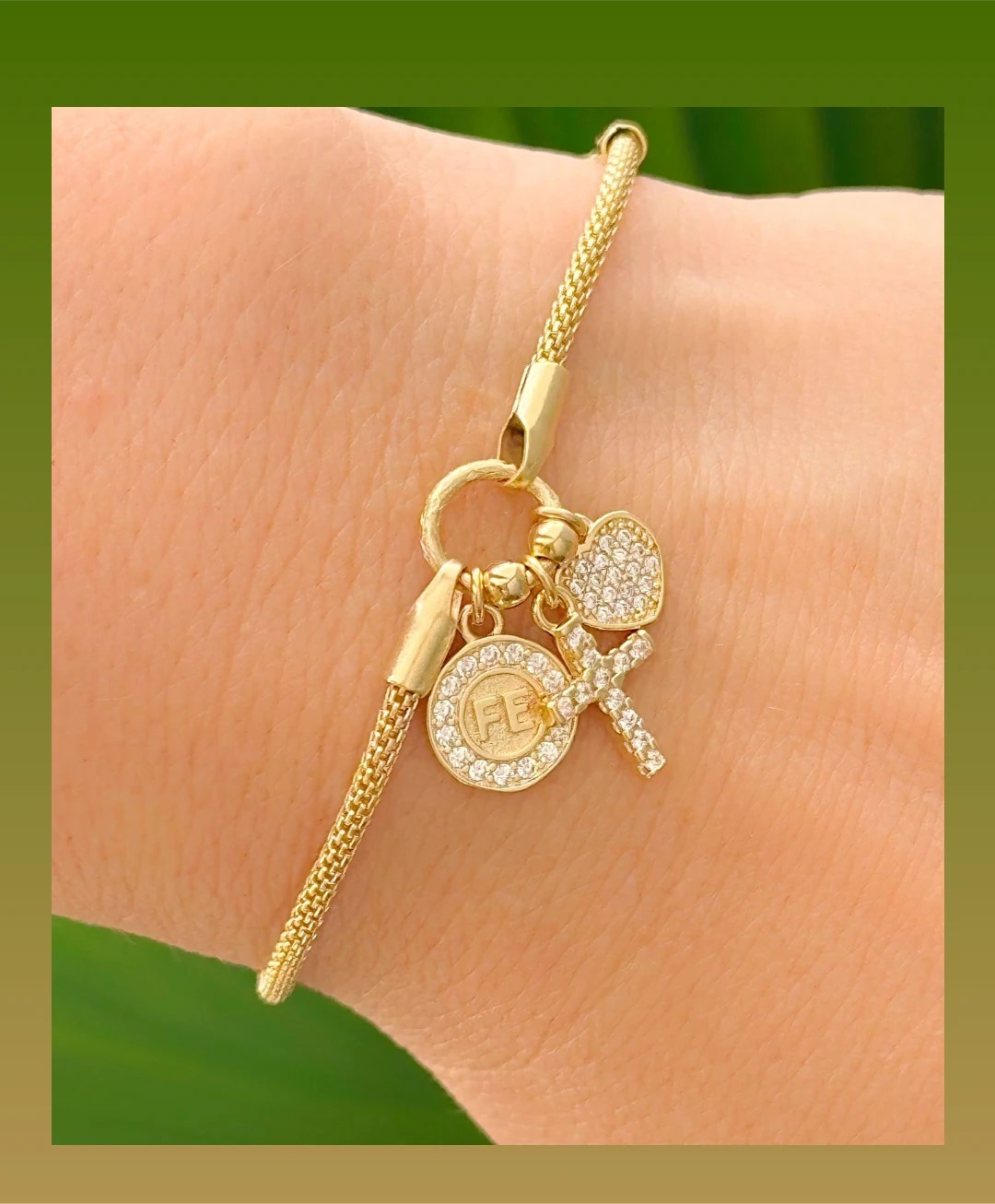 Mesh Bracelet with Heart, Faith, and Cross Charms 10754