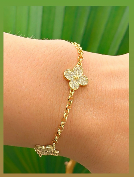3 Pavé Flowers Bracelet with Portuguese Link