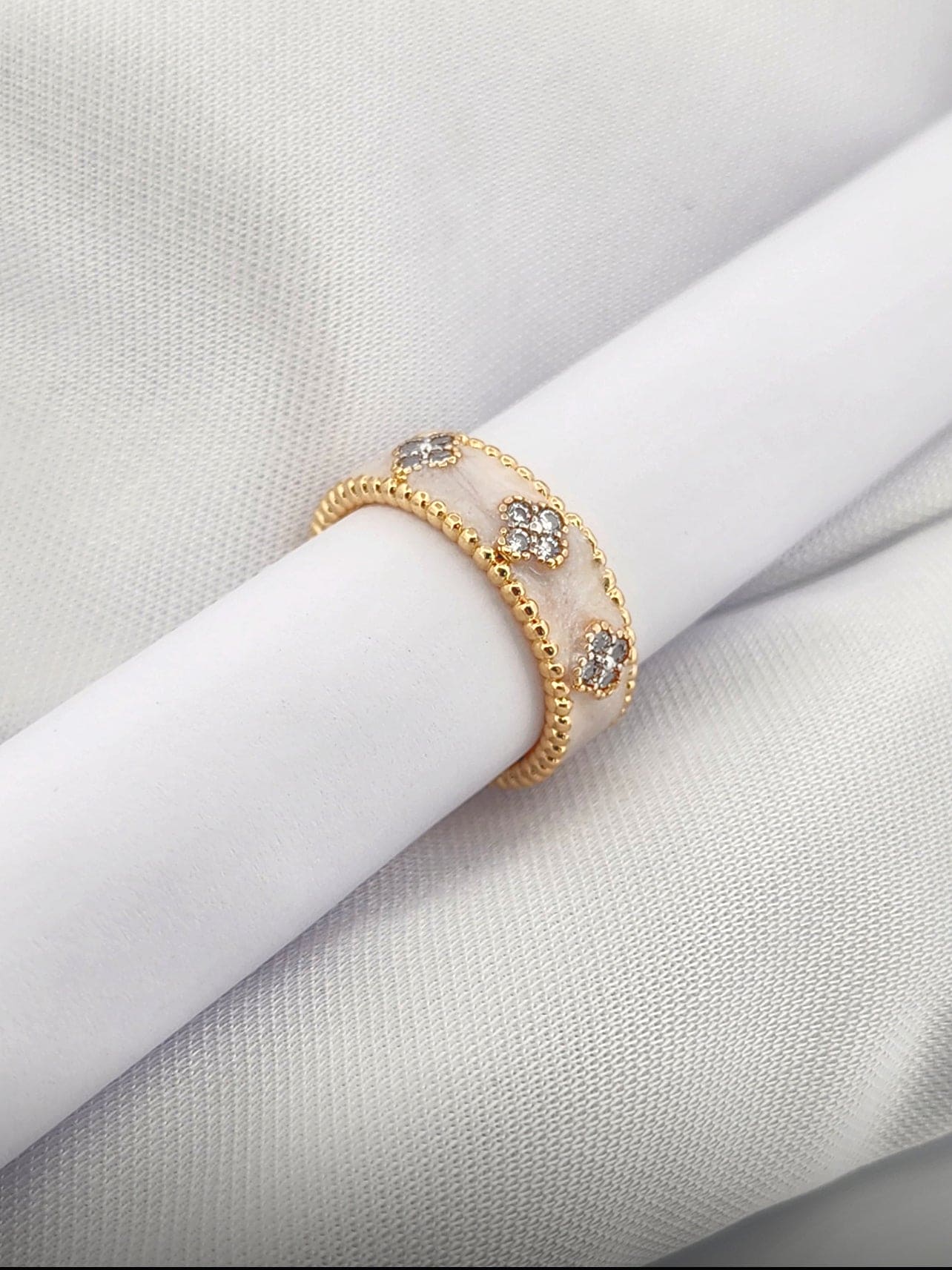 White Band Ring with 3 Raised Flowers 10009