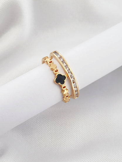 Double Band Ring with One Pavé Strip and One Flower
