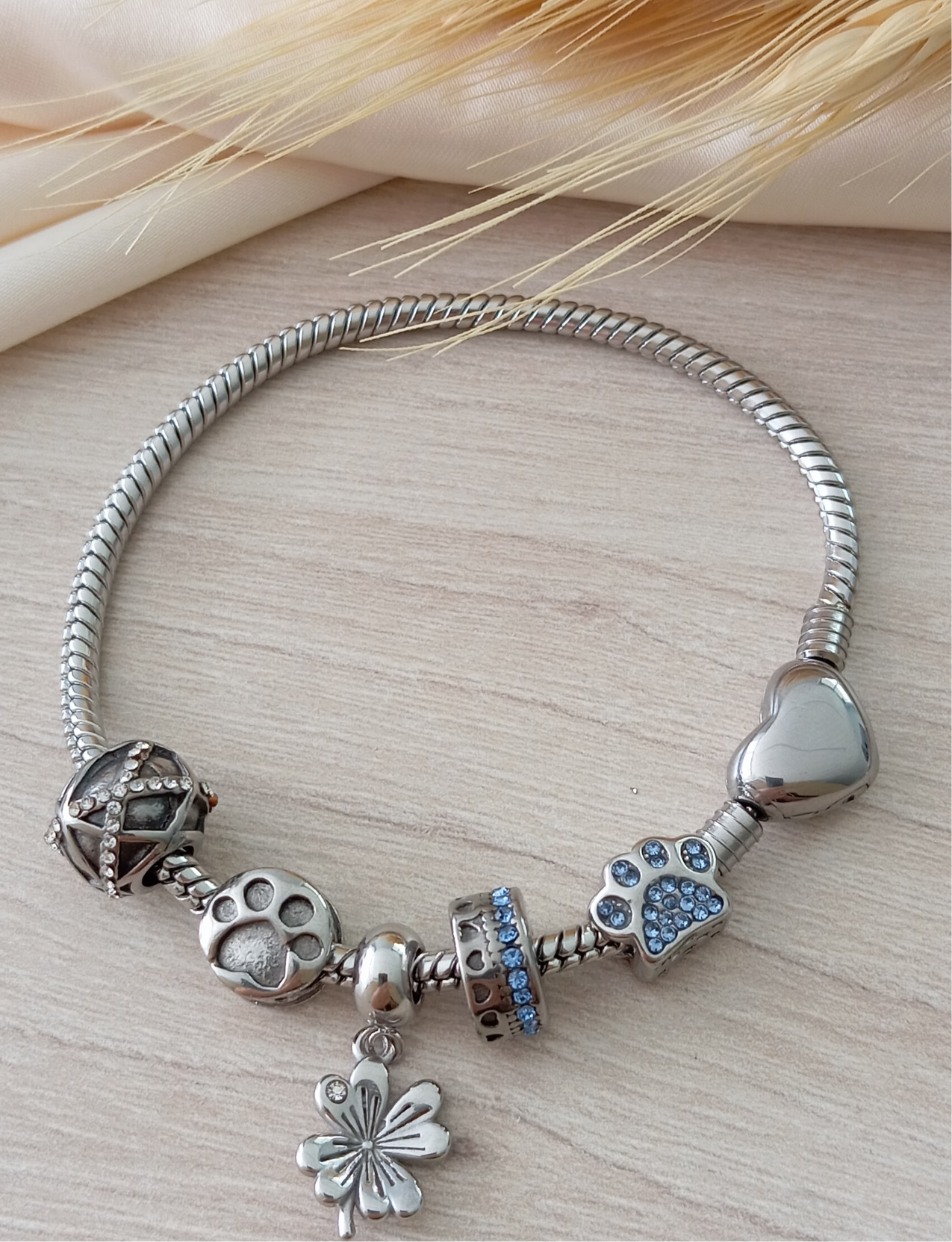 Stainless steel snake chain bracelet with heart 12018 ( Bracelet only (charms not included).