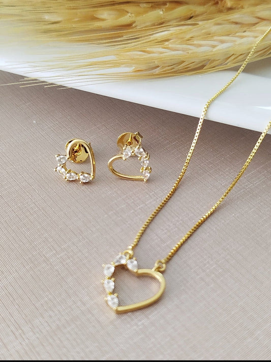 Set with Heart Pendant and Single Chain with Side Teardrop Sparkling Accents