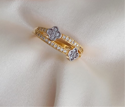 Double Band Ring with Pavé Setting and Two Flowers