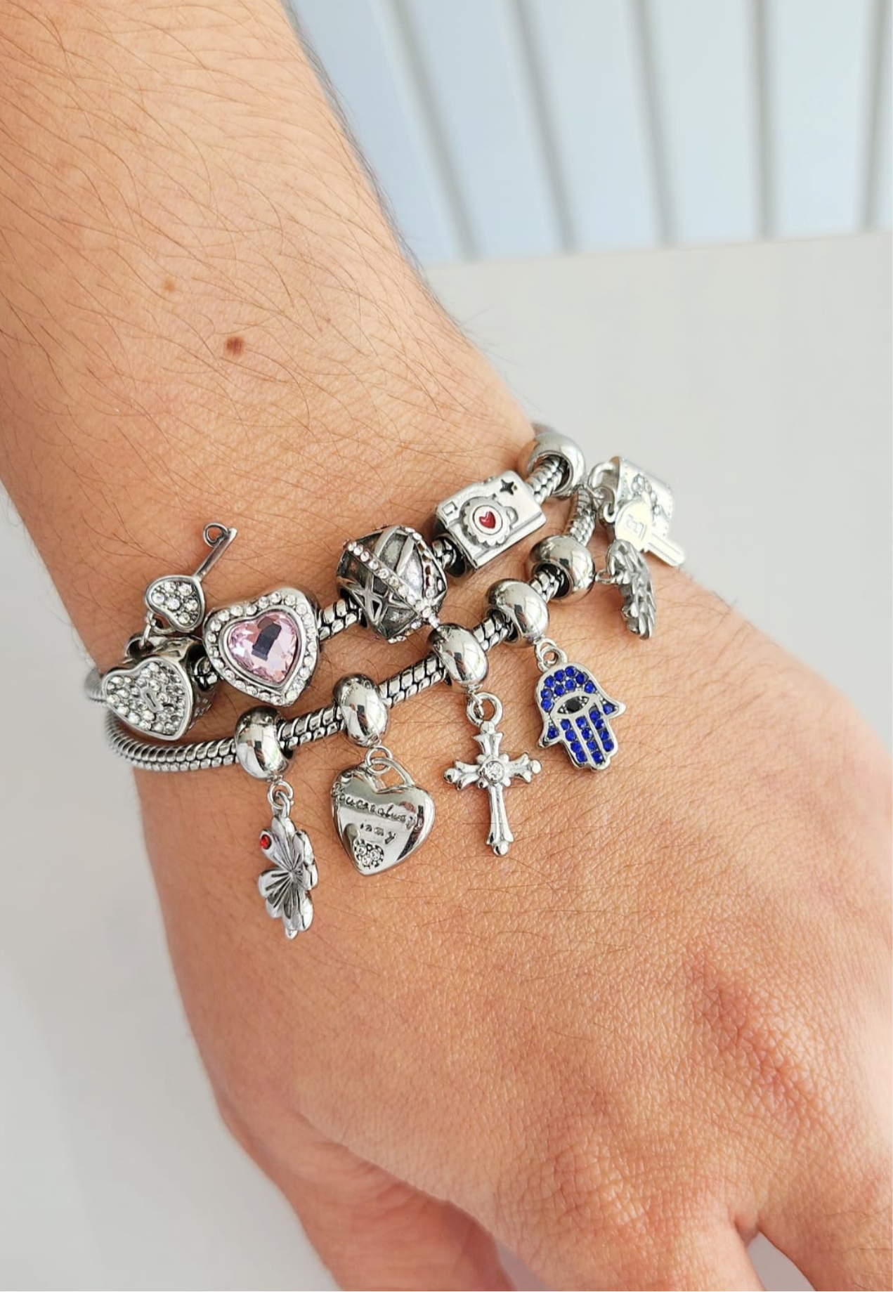 Stainless steel snake chain bracelet with heart 12018 ( Bracelet only (charms not included).