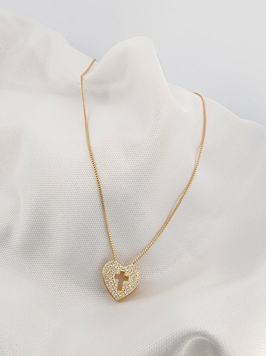 Pavé Heart Necklace with Cross 10829