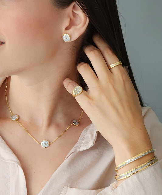 Set of 3 Pavé Flower Medals and Earrings