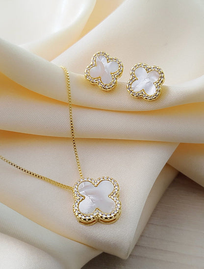 Pave Clover Pendant Necklace and Earring Set