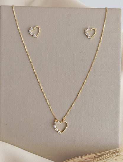 Set with Heart Pendant and Single Chain with Side Teardrop Sparkling Accents