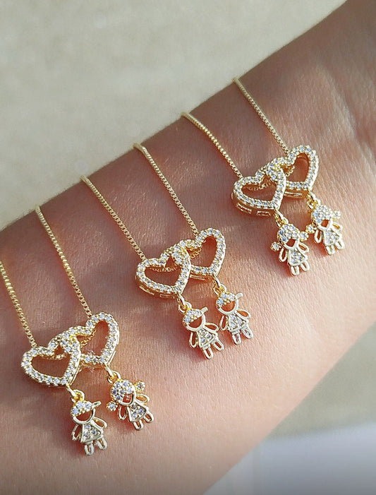 18-inch Necklace Featuring Two Sparkling Heart Pendants Adorned with Two Child Charms