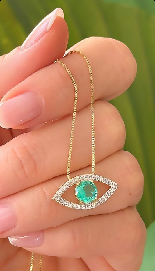 Paved Evil Eye Necklace with Green Stone 10415