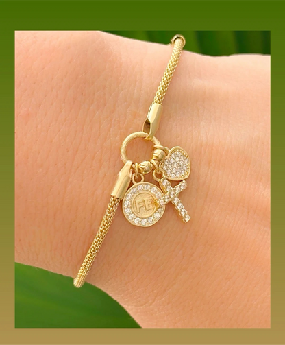 Mesh Bracelet with Heart, Faith, and Cross Charms