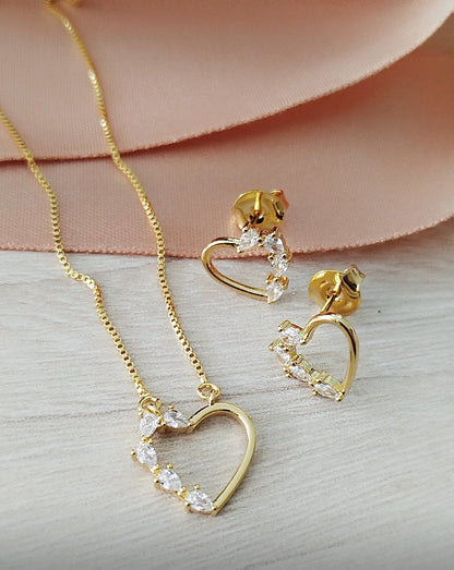Set with Heart Pendant and Single Chain with Side Teardrop Sparkling Accents