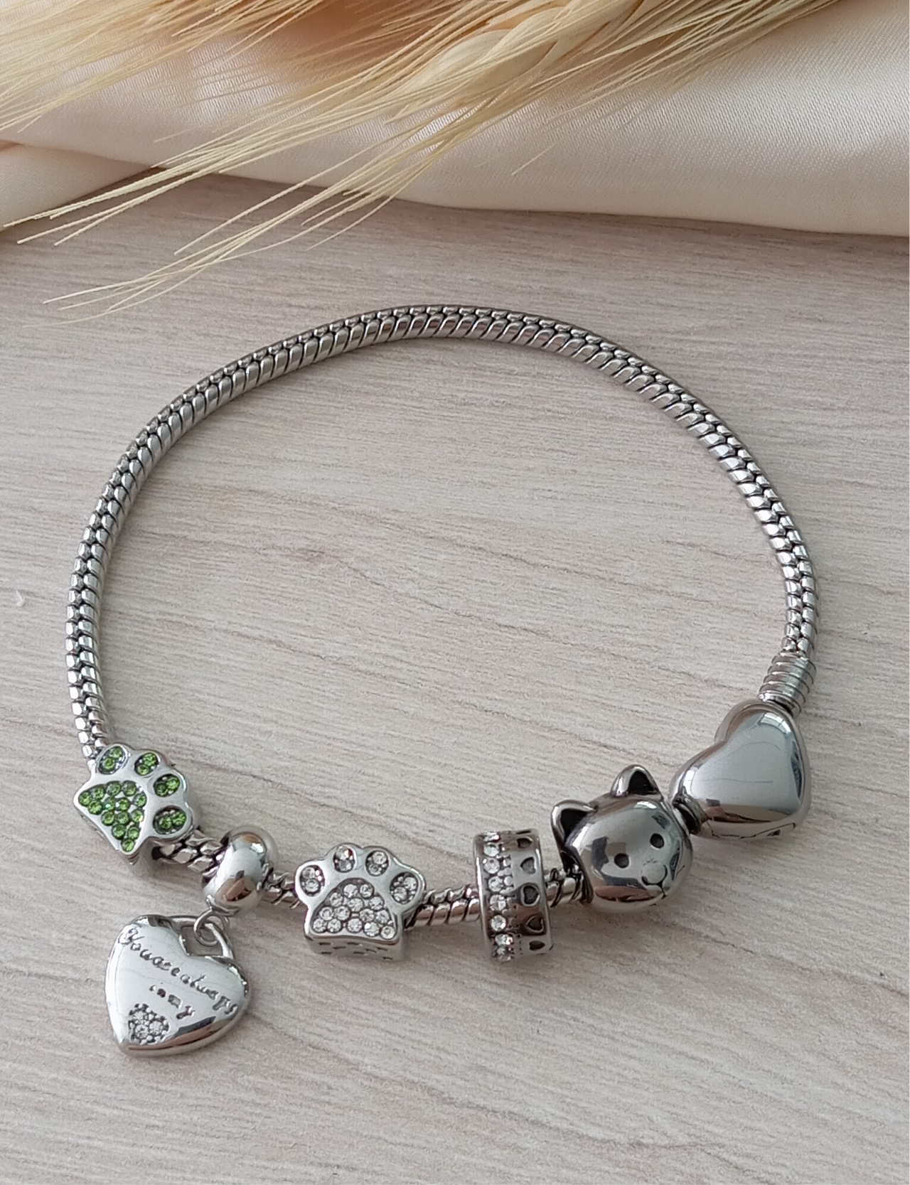 Stainless steel snake chain bracelet with heart 12018 ( Bracelet only (charms not included).