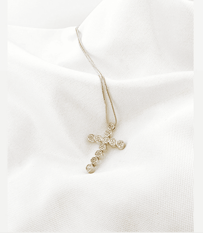 17.7-inch Necklace with a Pavé Cross Pendant and Beaded Detail
