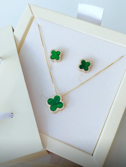 Pave Clover Pendant Necklace and Earring Set