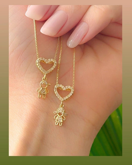 8-inch Necklace with a Sparkling Open-heart Pendant and One Child Charm