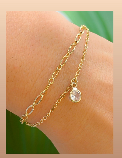 Double Chain Bracelet with Sparkling Charm, 6 in
