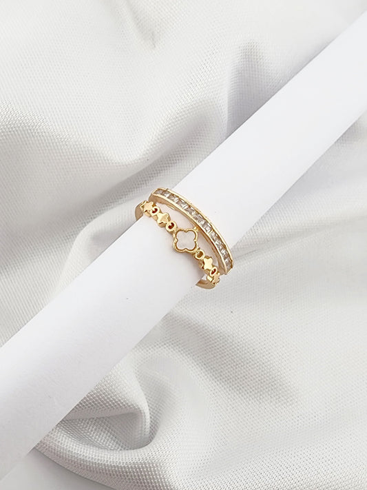Double Band Ring with One Pavé Strip and One Flower