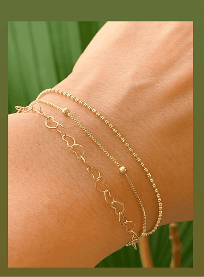 6-inch Bracelet with Three Chains Featuring Hearts, Beads, and Venetian Links