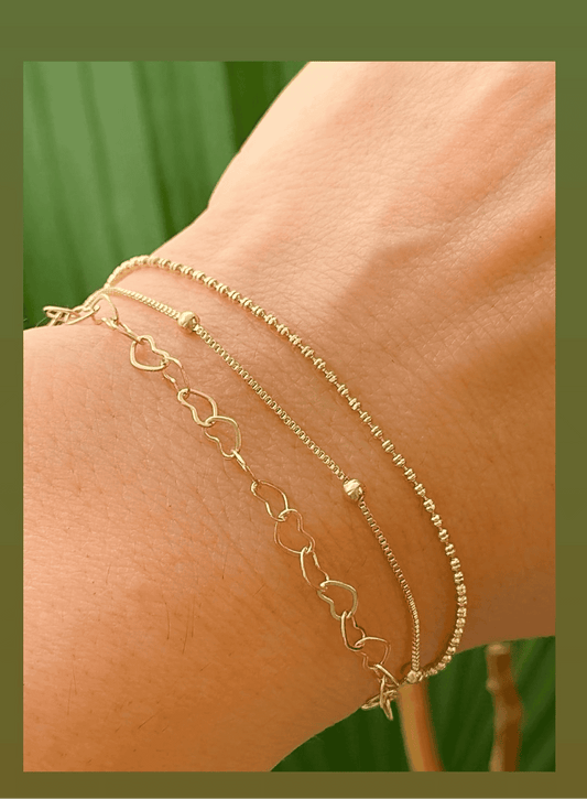 6-inch Bracelet with Three Chains Featuring Hearts, Beads, and Venetian Links