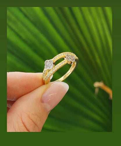 Double Band Ring with Pavé Setting and Two Flowers