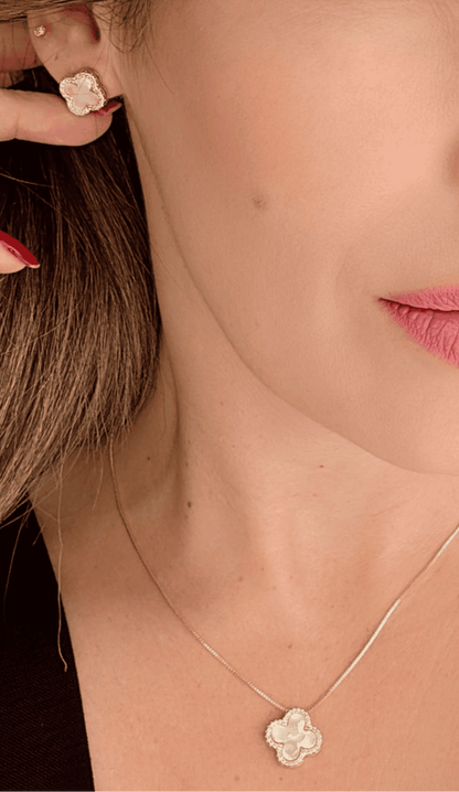 Pave Clover Pendant Necklace and Earring Set