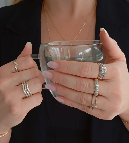 Thin Band Ring with One Smooth Strand and One Pavé Strand