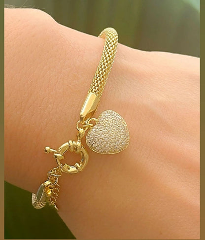 Heart Charm Mesh Chain Bracelet, 6.7 In